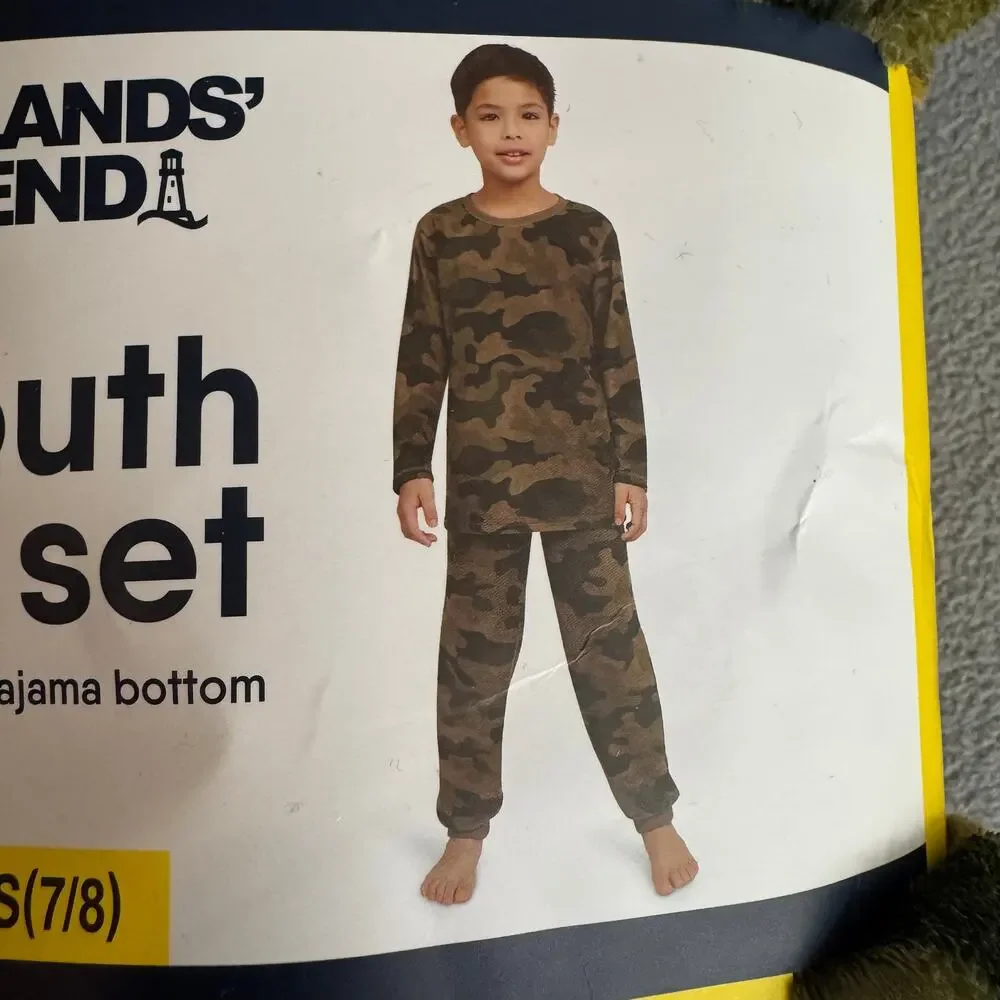 Lands End 3‎ Piece Youth Sleep Set Size S 7/8 Camouflage Pajamas Robe Top Bottom